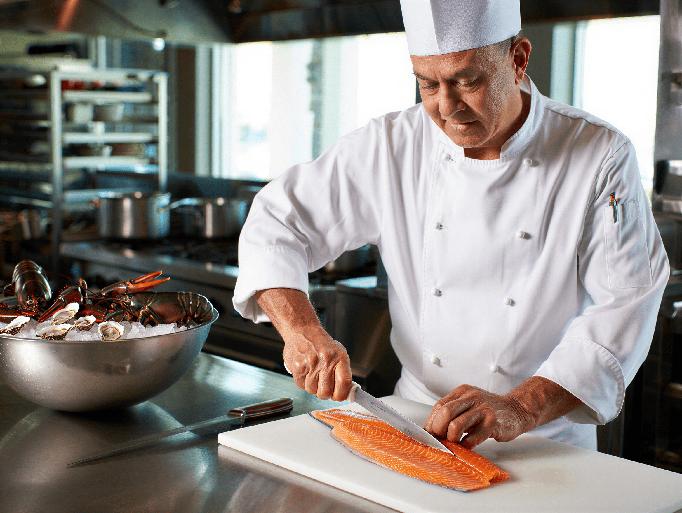 Chef preparing fresh ingredients in ESSENCE kitchen