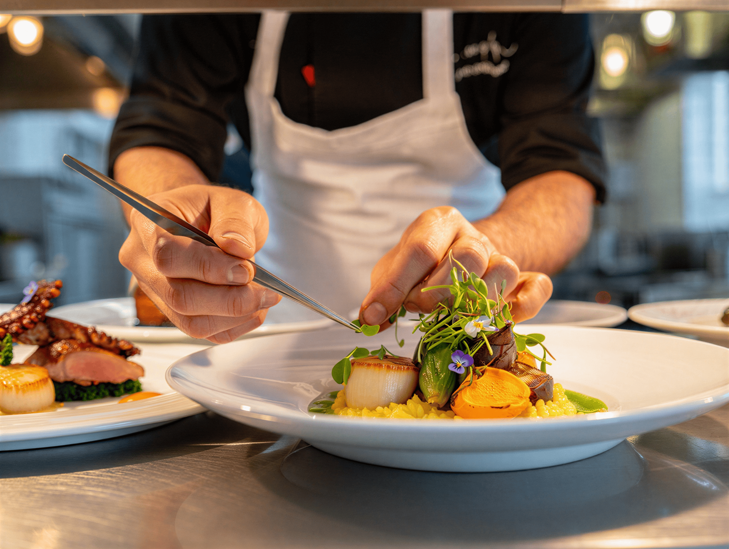 Chef carefully plating signature dish with precision